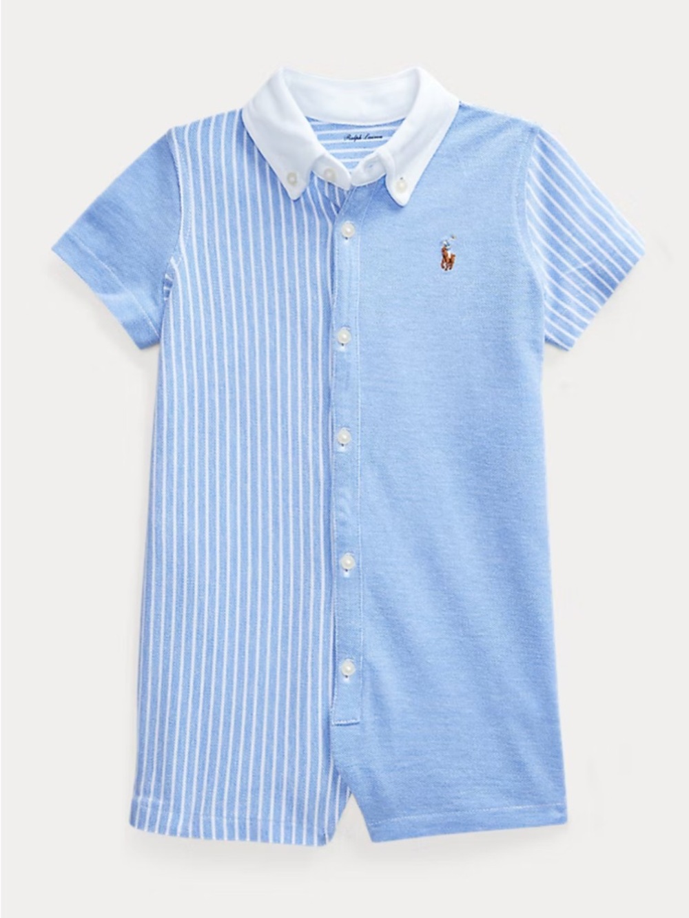 Ralph Lauren Baby Blue Knit Cotton Oxford Romper